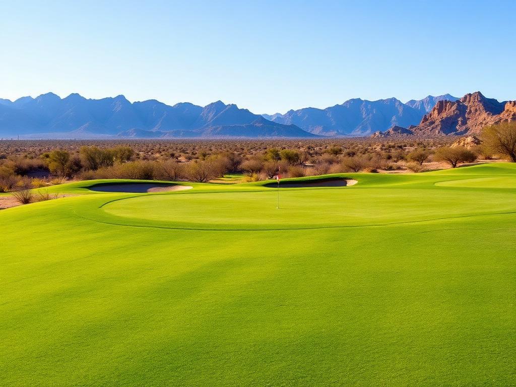 Green fairway and flagstick at Moon Valley Country Club with desert mountains in the background