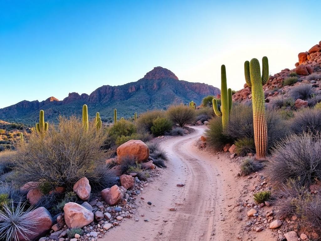 Desert hiking trail in the Phoenix Mountains Preserve near Moon Valley with saguaro cacti and rocky peaks