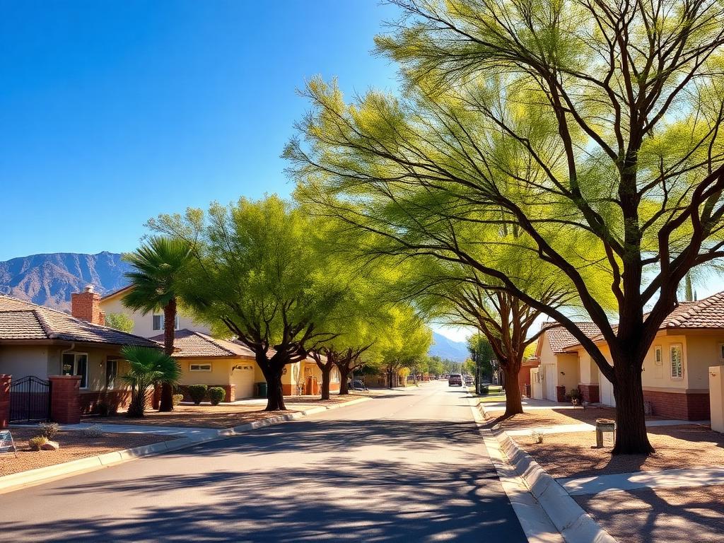 Tree-lined residential street in Moon Valley, North Phoenix, with mature landscaping and mountain views