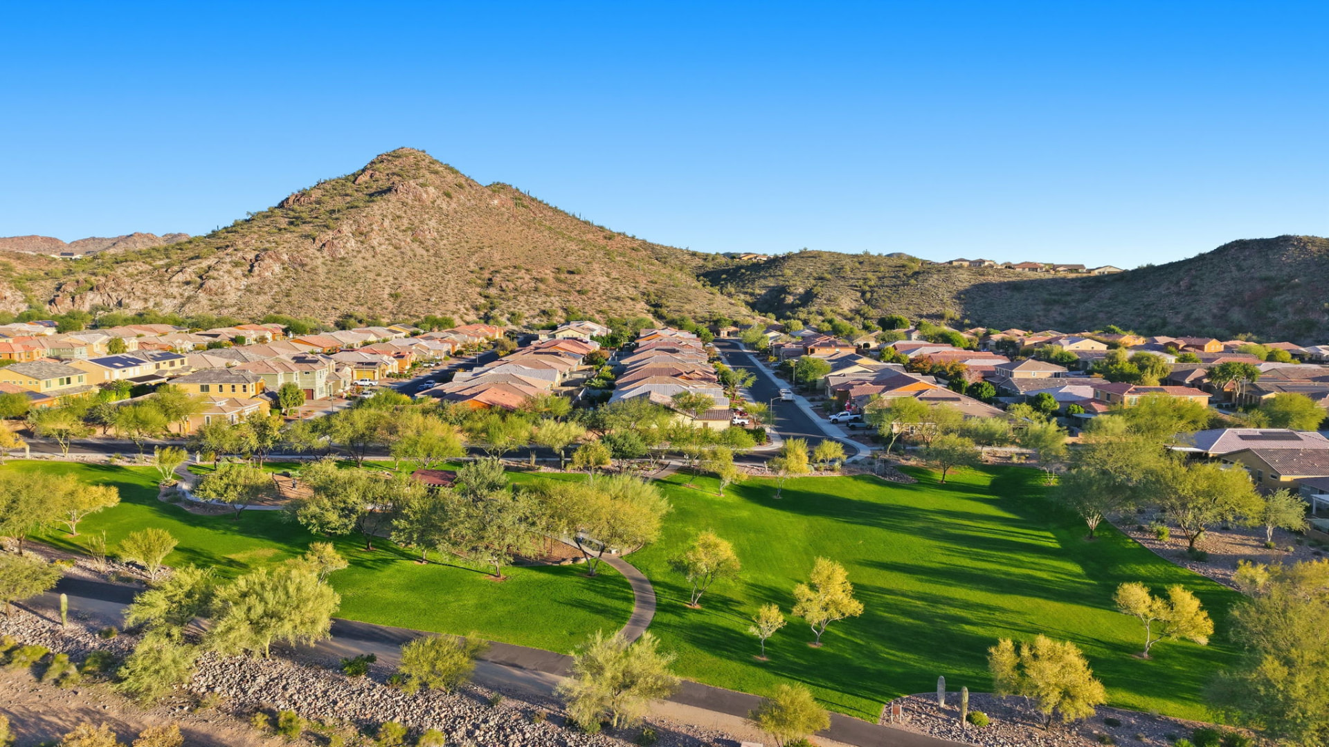 Aerial view of Northlands homes in Tierra Del Rio with desert mountains beyond