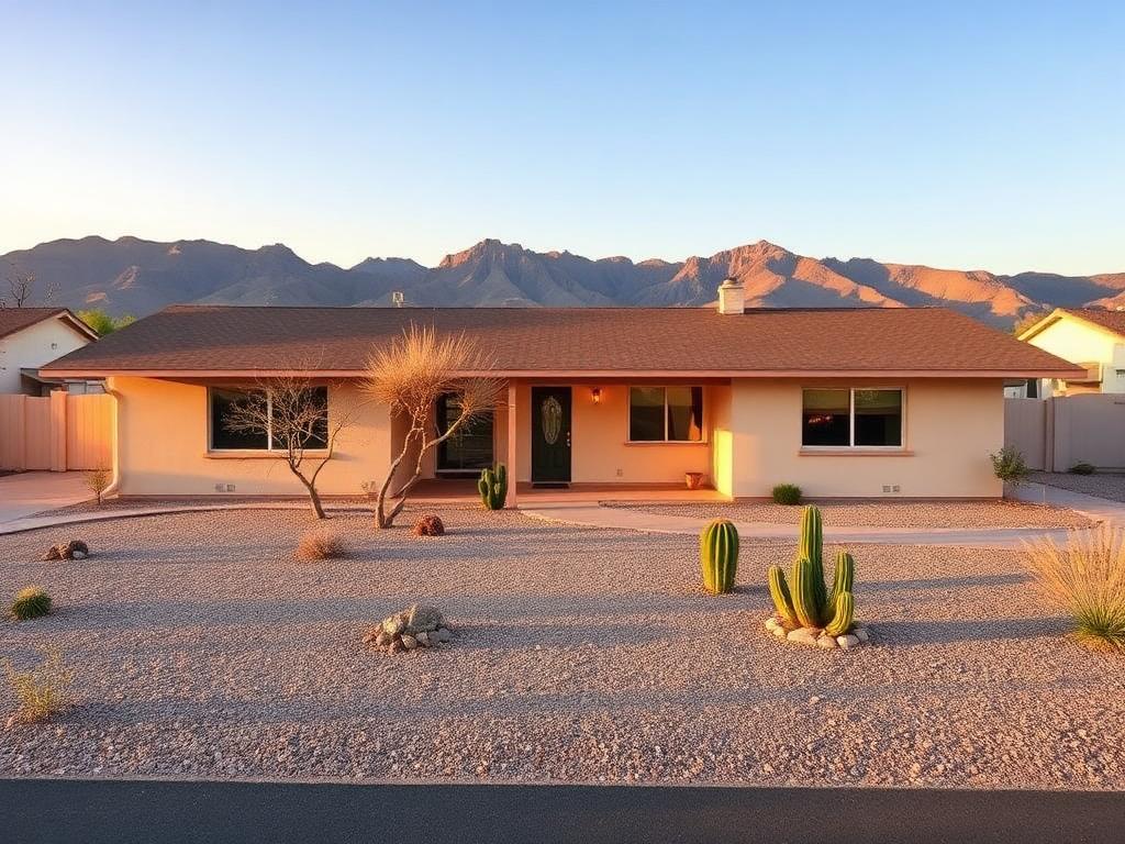 Classic single-level Arizona ranch home with desert landscaping and mountain backdrop