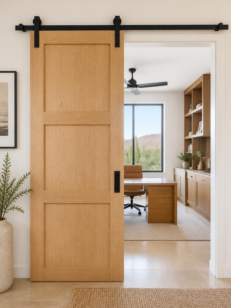 Clean, contemporary shaker-style sliding barn door opening into a home office